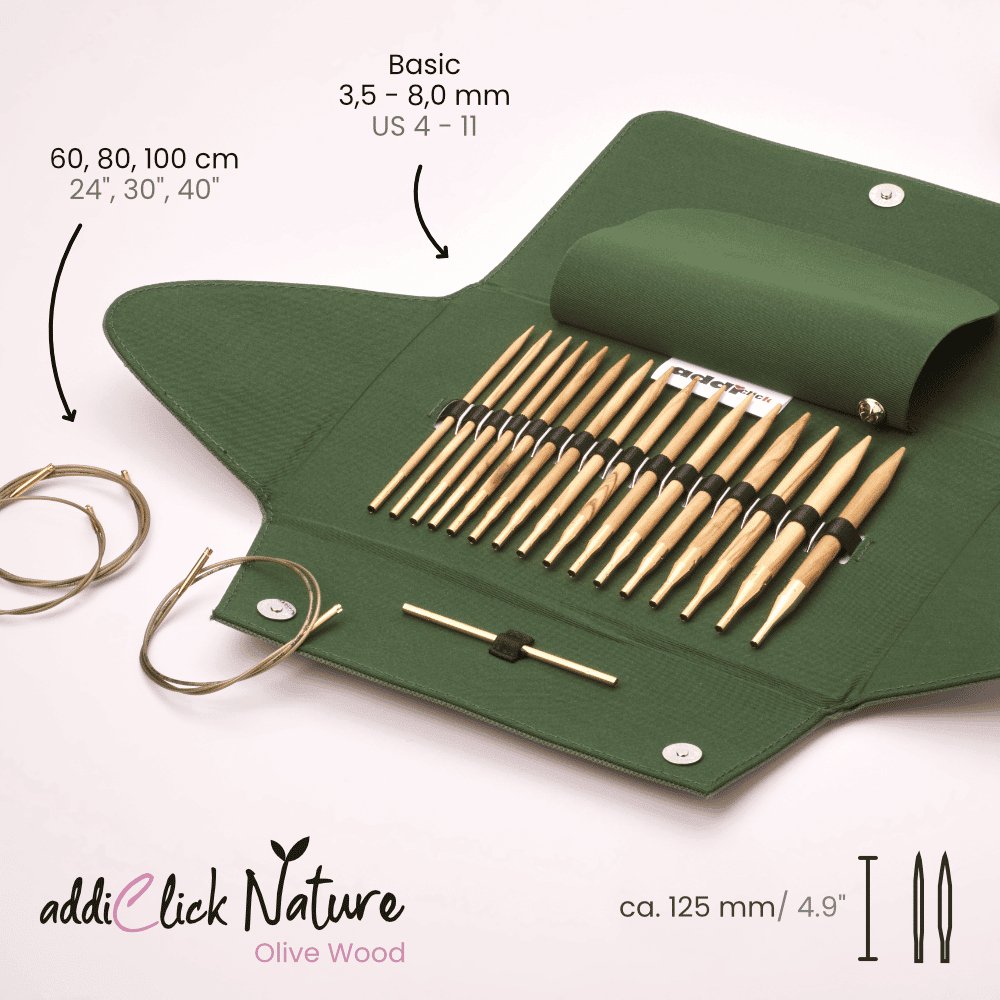 AddiClick Nature Olive Wood 13cm (5") Interchangeable Needle Set - The Needle Store