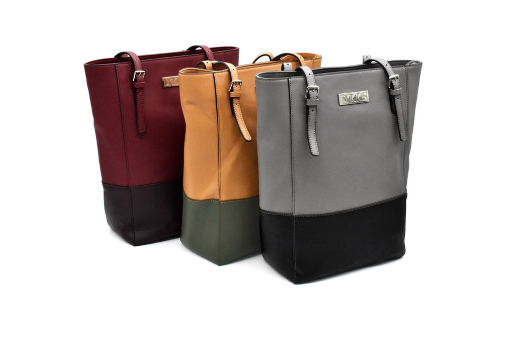 LYKKE Lyra Vegan Leather Project Bag - Camel, Grey & Maroon - The Needle Store