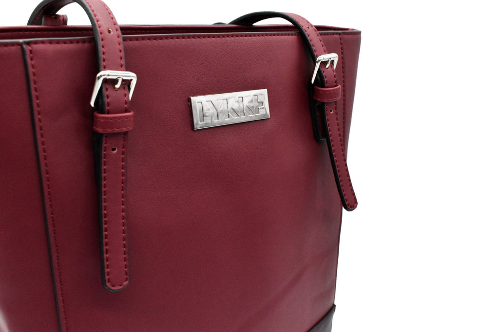 LYKKE Lyra Vegan Leather Project Bag - Camel, Grey & Maroon - The Needle Store